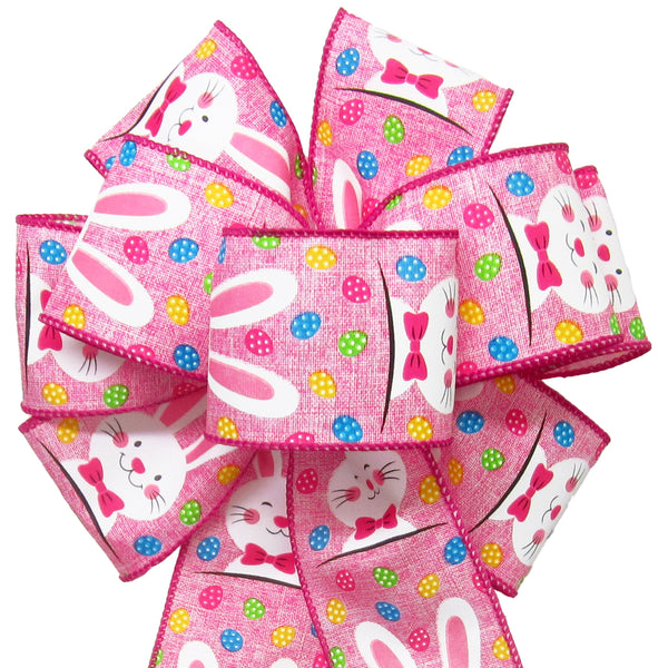 Easter Wreath Bows - Wired Easter Bunnies & Eggs Pink Bow (2.5"ribbon~8"Wx16"L)