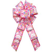 Easter Bunny Bows - Wired Easter Bunnies & Eggs Pink Bow (2.5"ribbon~8"Wx16"L)