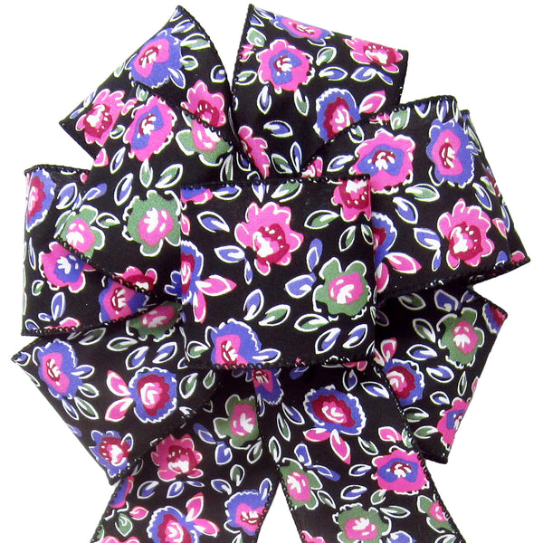 Spring Floral Bows - Wired Electric Flowers Retro Blooms Bow (2.5"ribbon~8"Wx16"L)