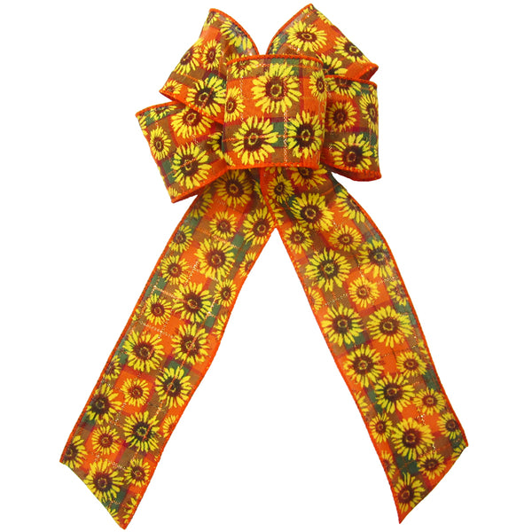 Fall Bows - Wired Autumn Plaid Sunflowers Bows (2.5"ribbon~6"Wx10"L)