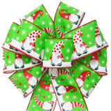 Christmas Bows - Wired Festive Christmas Gnomes on Green Linen Bow (2.5"ribbon~10"Wx20"L)