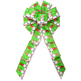 Christmas Wreath Bows - Wired Festive Christmas Gnomes on Green Linen Bow (2.5"ribbon~10"Wx20"L)