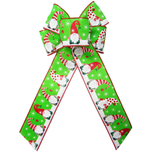 Christmas Bows - Wired Festive Christmas Gnomes on Green Linen Bow (2.5"ribbon~6"Wx10"L)