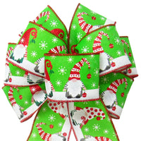 Christmas Bows - Wired Festive Christmas Gnomes on Green Linen Bow (2.5"ribbon~8"Wx16"L)