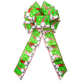 Christmas Wreath Bows - Wired Festive Christmas Gnomes on Green Linen Bow (2.5"ribbon~8"Wx16"L)