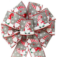 Christmas Bows - Wired Festive Christmas Gnomes on Grey Linen Bow (2.5"ribbon~10"Wx20"L)