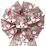 Christmas Bows - Wired Festive Christmas Gnomes on Grey Linen Bow (2.5"ribbon~10"Wx20"L)