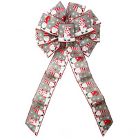 Christmas Wreath Bows - Wired Festive Christmas Gnomes on Grey Linen Bow (2.5"ribbon~10"Wx20"L)