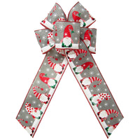 Christmas Bows - Wired Festive Christmas Gnomes on Grey Linen Bow (2.5"ribbon~6"Wx10"L)