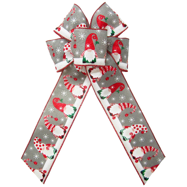 Christmas Bows - Wired Festive Christmas Gnomes on Grey Linen Bow (2.5"ribbon~6"Wx10"L)