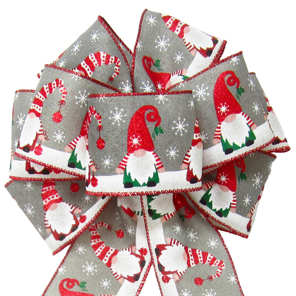 Christmas Bows - Wired Festive Christmas Gnomes on Grey Linen Bow (2.5"ribbon~8"Wx16"L)