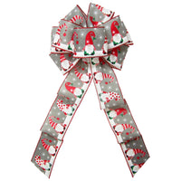 Christmas Wreath Bows - Wired Festive Christmas Gnomes on Grey Linen Bow (2.5"ribbon~8"Wx16"L)