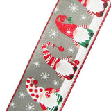 Wired Festive Gnomes on Gray Linen Christmas Ribbon (#40-2.5"Wx10Yards)