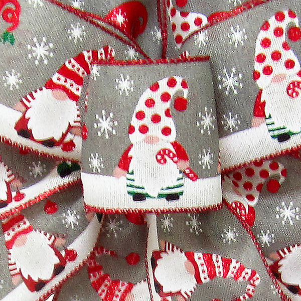 Wired Festive Gnomes on Gray Linen Christmas Ribbon (#40-2.5"Wx10Yards)