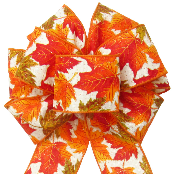 Fall Wreath Bows - Wired Fluttering Fall Leaves on Ivory Bows (2.5"ribbon~8"Wx16"L)