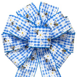 Spring Bows - Wired Gingham Bees & Daisies Blue Bow (2.5"ribbon~10"Wx20"L)