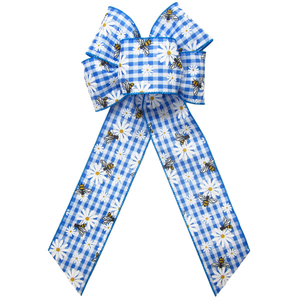 Spring Bows - Wired Gingham Bees & Daisies Blue Bow (2.5"ribbon~6"Wx10"L)