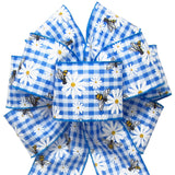 Spring Wreath Bows - Wired Gingham Bees & Daisies Blue Bow (2.5"ribbon~8"Wx16"L)