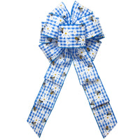 Spring Bows - Wired Gingham Bees & Daisies Blue Bow (2.5"ribbon~8"Wx16"L)