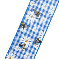 Wired Easter Ribbon - Wired Blue & White Gingham Bees & Daisies Ribbon (#40-2.5"Wx10Yards)