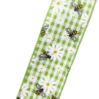 Easter Ribbon - Wired Lime Green & White Gingham Bees & Daisies Ribbon (#40-2.5"Wx10Yards)