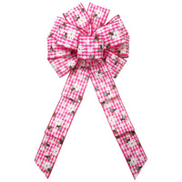 Spring Wreath Bows - Wired Gingham Bees & Daisies Pink Bow (2.5"ribbon~10"Wx20"L)