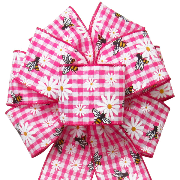 Spring Wreath Bows - Wired Gingham Bees & Daisies Pink Bow (2.5"ribbon~8"Wx16"L)