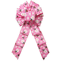 Spring Bows - Wired Gingham Bees & Daisies Pink Bow (2.5"ribbon~8"Wx16"L)