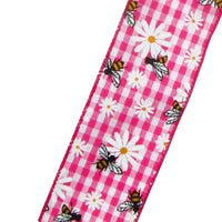Spring Ribbon - Wired Pink & White Gingham Bees & Daisies Ribbon (#40-2.5"Wx10Yards)
