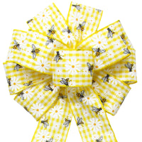 Spring Bows - Wired Gingham Bees & Daisies Yellow Bow (2.5"ribbon~10"Wx20"L)