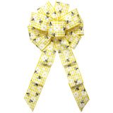 Spring Wreath Bows - Wired Gingham Bees & Daisies Yellow Bow (2.5"ribbon~10"Wx20"L)