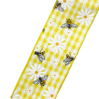Wired Spring Ribbon - Wired Yellow & White Gingham Bees & Daisies Ribbon (#40-2.5"Wx10Yards)