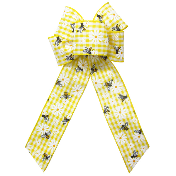 Spring Bows - Wired Gingham Bees & Daisies Yellow Bow (2.5"ribbon~6"Wx10"L)