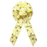 Spring Wreath Bows - Wired Gingham Bees & Daisies Yellow Bow (2.5"ribbon~8"Wx16"L)