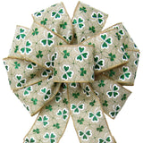 St Patricks Day Bows - Wired Glittering Shamrock Natural Bows (2.5"ribbon~10"Wx20"L)