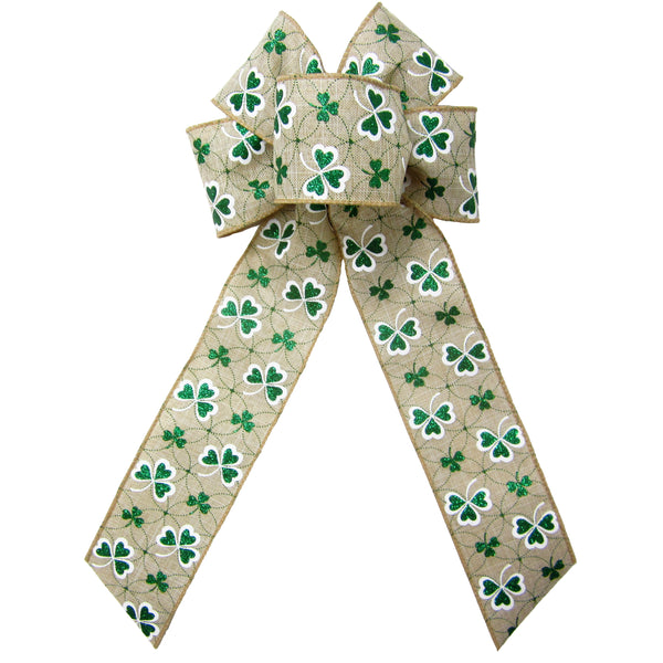 St Patricks Day Bows - Wired Glittering Shamrock Natural Bows (2.5"ribbon~6"Wx10"L)