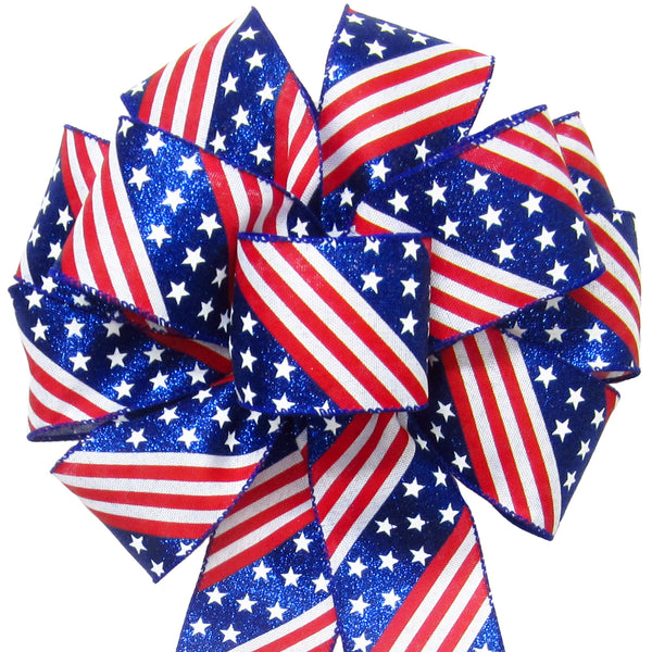 Patriotic Wreath Bows - Wired Glittering Stars & Stripes Bows (2.5"ribbon~10"Wx20"L)