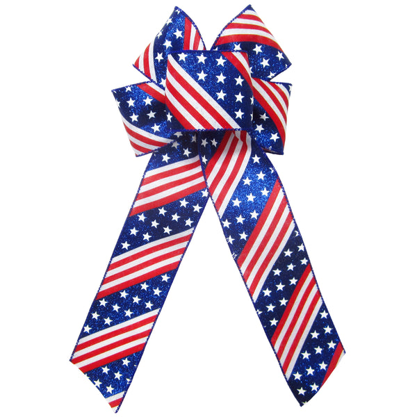 Patriotic Bows - Wired Glittering Stars & Stripes Bows (2.5"ribbon~6"Wx10"L)