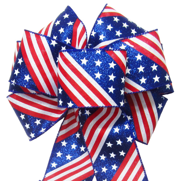 Patriotic Bows - Wired Glittering Stars & Stripes Bows (2.5"ribbon~8"Wx16"L)