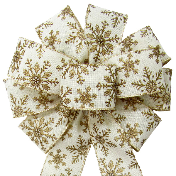 Christmas Wreath Bows - Wired Golden Snowflakes on Ivory Linen Christmas Bow (2.5"ribbon~10"Wx20"L)