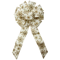 Christmas Bows - Wired Golden Snowflakes on Ivory Linen Christmas Bow (2.5"ribbon~10"Wx20"L)