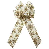 Christmas Bows - Wired Golden Snowflakes on Ivory Linen Christmas Bow (2.5"ribbon~6"Wx10"L)