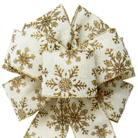 Christmas Bows - Wired Golden Snowflakes on Ivory Linen Christmas Bow (2.5"ribbon~8"Wx16"L)