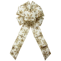 Christmas Wreath Bows - Wired Golden Snowflakes on Ivory Linen Christmas Bow (2.5"ribbon~8"Wx16"L)