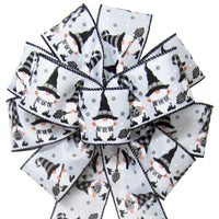 Halloween Bows - Wired Grey & Black Gnomes on White Halloween Bow (2.5"ribbon~10"Wx20"L)