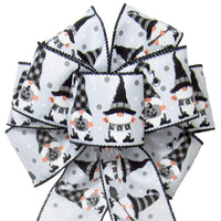 Halloween Bows - Wired Black & Grey Gnomes on White Halloween Bow (2.5"ribbon~8"Wx16"L)