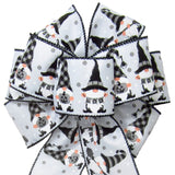 Halloween Wreath Bows - Wired Black & Grey Gnomes on White Halloween Bow (2.5"ribbon~8"Wx16"L)