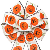 Halloween Bows - Wired Halloween Pumpkins on Ivory Bow (2.5"ribbon~10"Wx20"L)