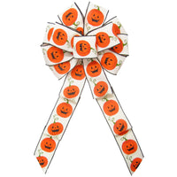 Halloween Pumpkins Bow - Wired Halloween Pumpkins on Ivory Bow (2.5"ribbon~10"Wx20"L)
