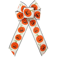 Halloween Bows - Wired Halloween Pumpkins on Ivory Bow (2.5"ribbon~6"Wx10"L)